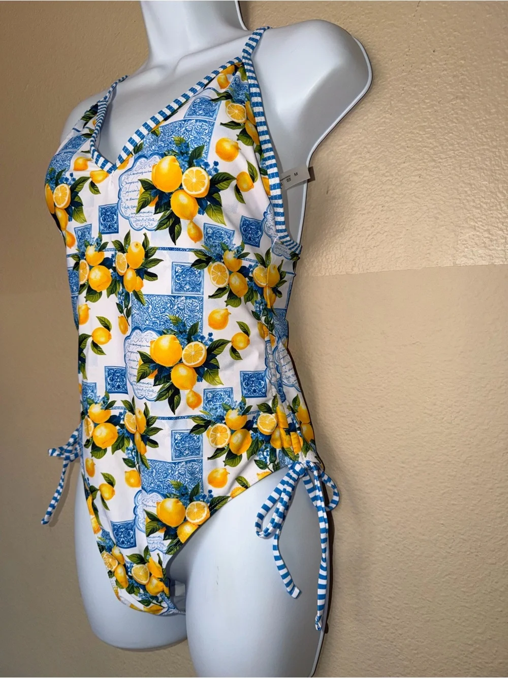 Women's Boho Lemon Print One-Piece Swimsuit - Blue & Yellow